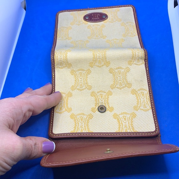 Auth CELINE Macadam Yellow Dark Brown Denim Leather Double-hook Wallet - Picture 7 of 15